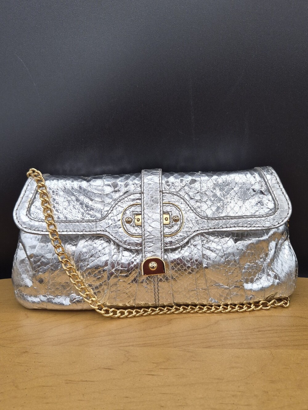 Rafe New York Metallic Silver Python Embossed Clutch Bag Gold Chain Strap
